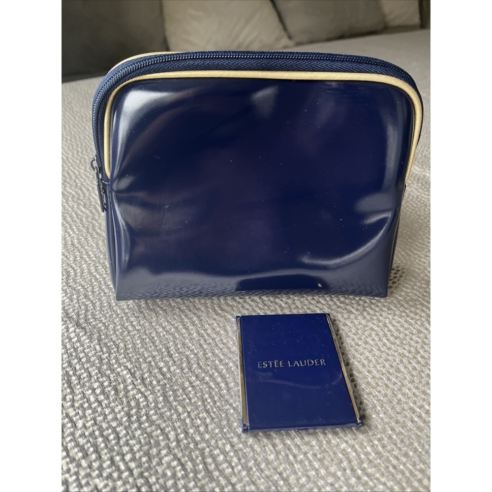 Vintage Estée Lauder Classic Navy Blue Gold Travel Bag Makeup Bag Compact Mirror